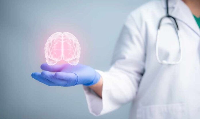 shutterstock_2443807533.jpg A medical professional holding a glowing digital brain illustration in their hand