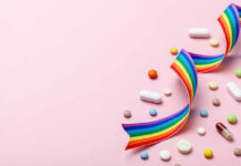 Colorful pills and a rainbow ribbon on a pink background