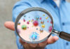 A person holding a magnifying glass showing colorful microorganisms