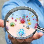 Feline Cancer Revelations Rattle Scientists A person holding a magnifying glass showing colorful microorganisms