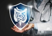 Immune Flaw, Not Food, Fuels IBD A doctor holding a digital shield with a graphic of the digestive system