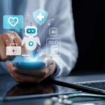 Phone Check Every Five Minutes—Addiction or Choice? Healthcare professional interacting with a smartphone displaying health-related icons