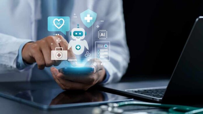 Healthcare,Chatbot,And,Medical,Technology,Concept.,A,Doctor,Using,A Healthcare professional interacting with a smartphone displaying health-related icons