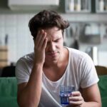 Morning Fog Fix: 5 Best Routines to Prime Your Brain Man with headache holding a glass of water