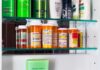 Medicine cabinet with prescription bottles and toiletries