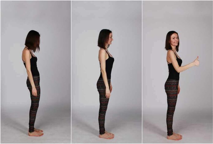 shutterstock_424486174 woman in side profile showing posture changes and thumbs up