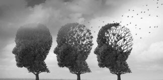 Three trees shaped like human heads losing leaves