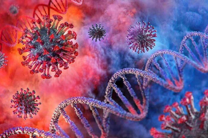 Coronavirus particles and DNA strands in vibrant colors