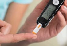 Blood Sugar Spikes, Double Depression Risk person using a blood glucose meter with a test strip