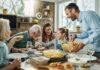 Family gathered around a dining table sharing a meal