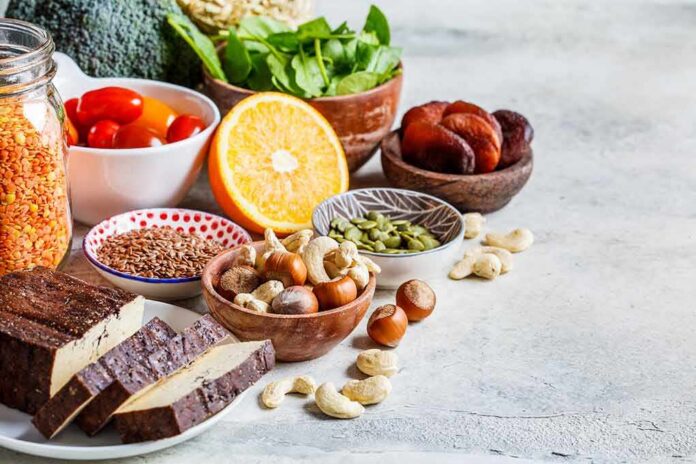Assorted plant-based foods on a counter